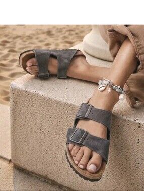 Birkenstock Unisex Arizona Charcoal Gray Suede Two Straps Comfort Sandals! 9/9.5